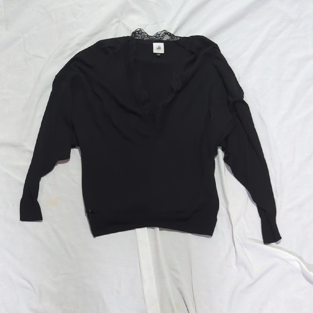 CAbi Black V-Neck Sweater with Lace Trim
